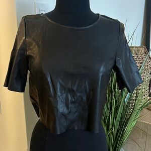 H&M Faux Leather Short Sleeve Crop Top Black Leather - Size 8